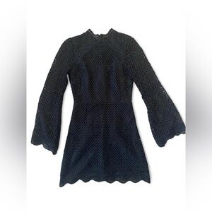 AQUA Black crochet long sleeve mini dress bell sleeves and high neckline SIZE XS